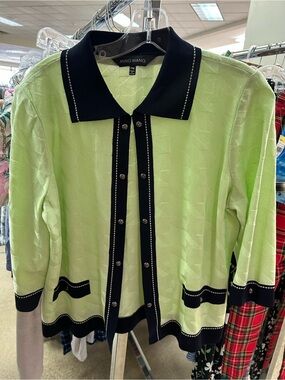 Ming Wang Lime Green Knit Jacket with Black Trim